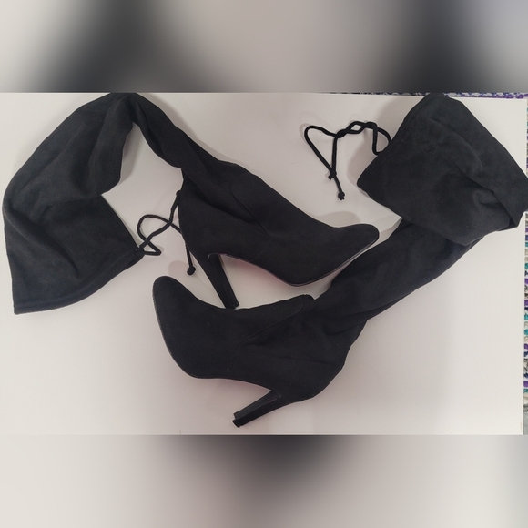 NY&Co Tall Black Suede Feel (man made) Boots Pull On With Top Drawstring 8 - Picture 4 of 7